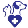 blue icon of a dog and cat above a heart with a medical symbol inside of it