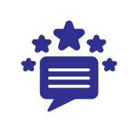 blue icon of a talk bubble with stars around it