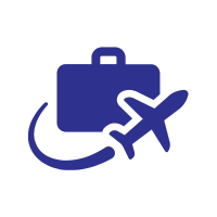blue icon of a suitcase with a little airplane flying by
